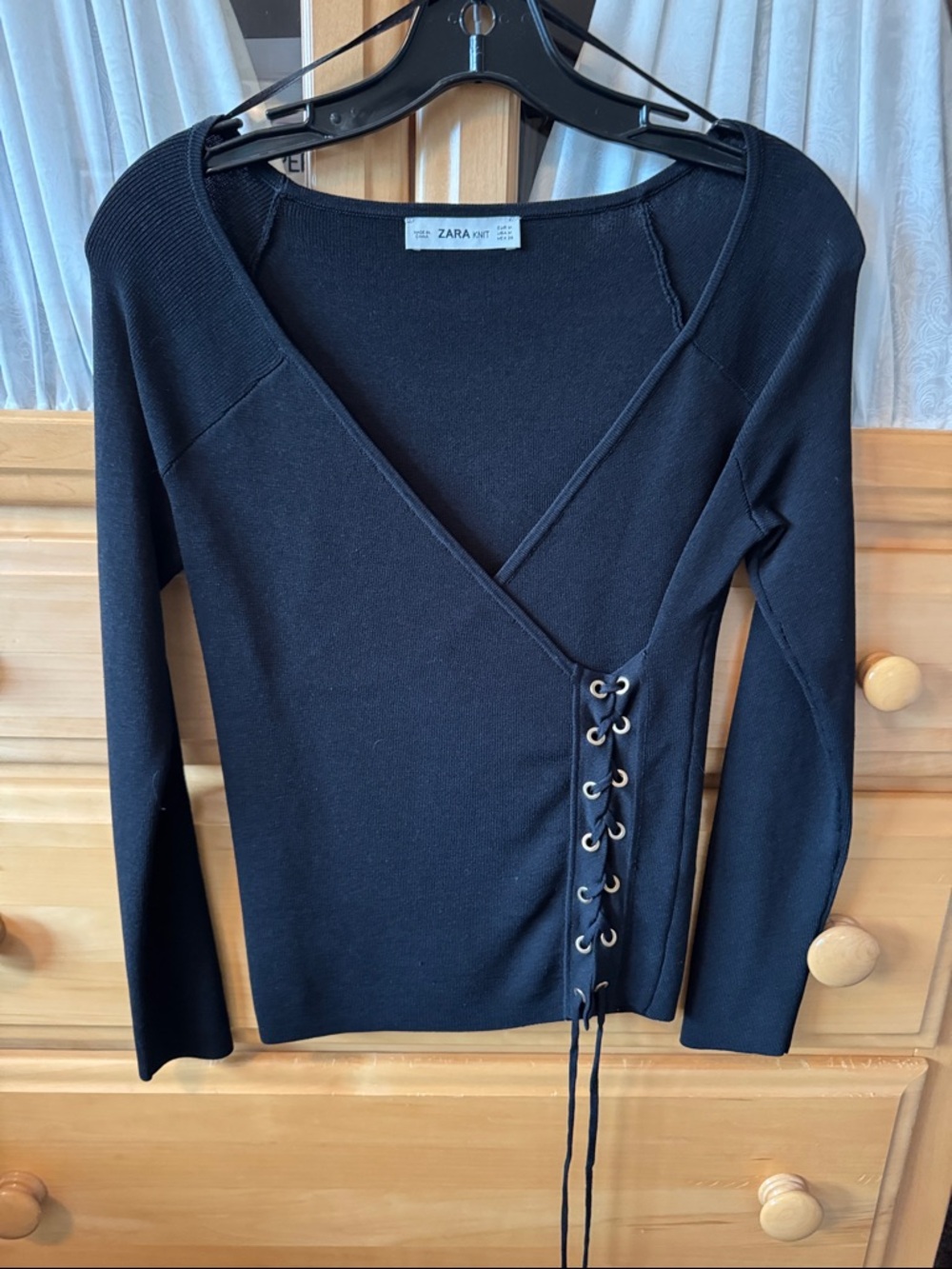 ZARA Black Wrap Lace-Up Long Sleeve Top with Side Eyelets